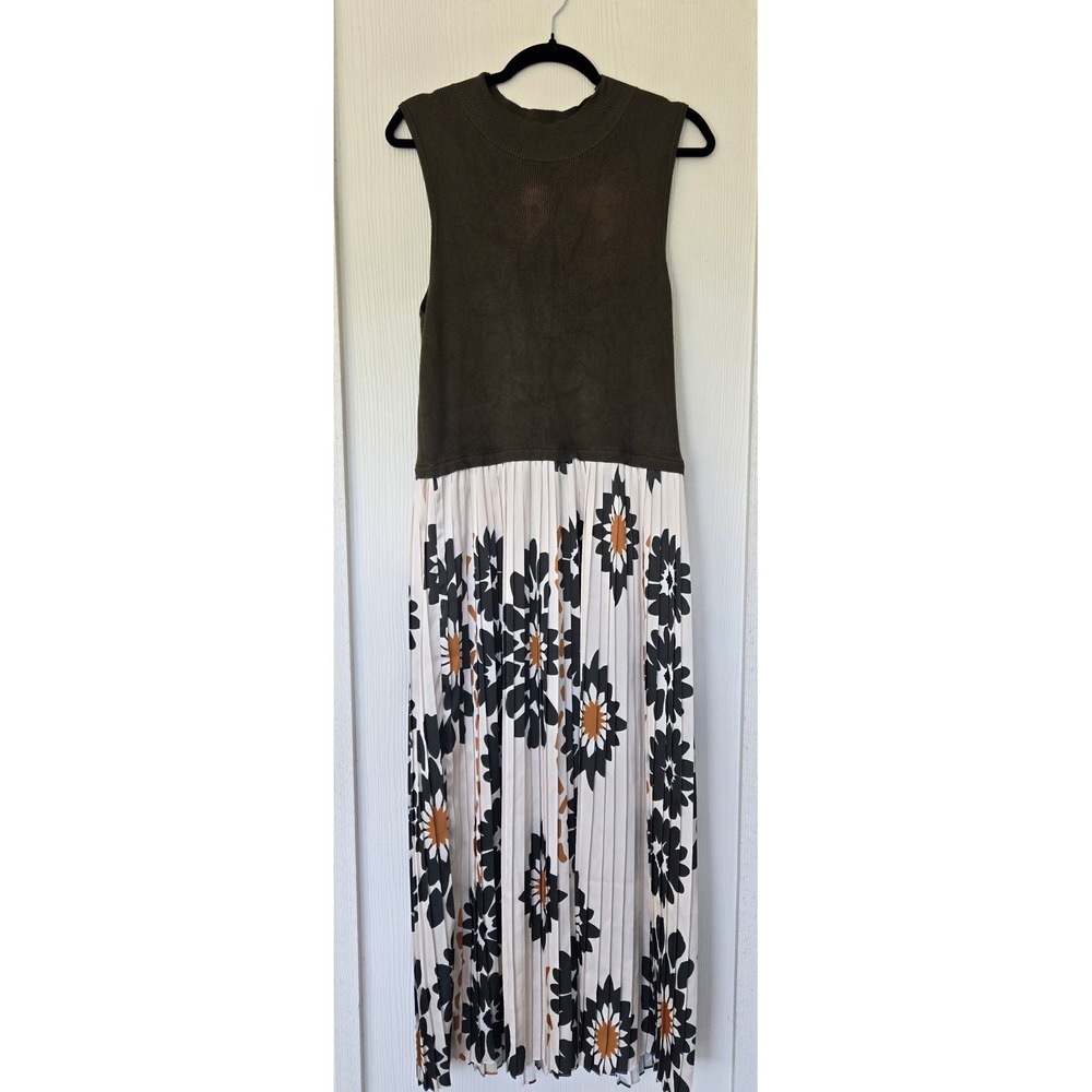 Maxi Dress Olive Green Floral Pleated Mock Neck Occasion Resort Garden Party L‎